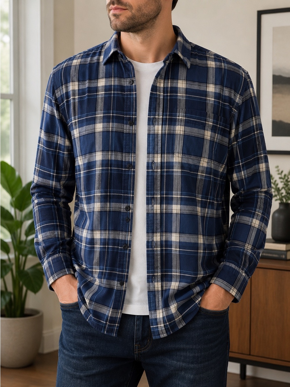 Weatherproof Vintage Men’s L Blue Plaid 100% Cotton Flannel Shirt